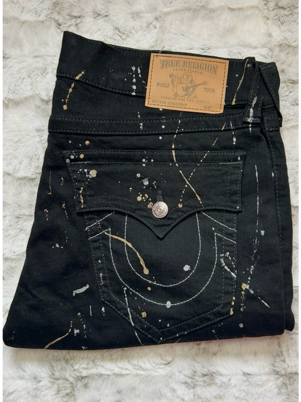 True Religion Black Paint Splatter Straight Flap Men’s Jeans Size 38